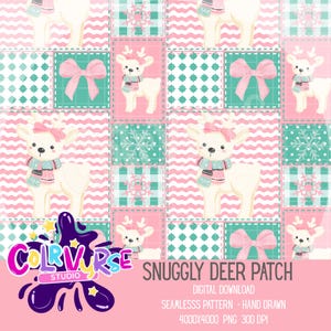 Peut inclure: Un motif numérique sans couture avec un design patchwork. Il présente des cerfs blancs avec des nœuds et des écharpes roses, des nœuds roses et des flocons de neige. Le fond est rose et turquoise. Le texte indique "SNUGGLY DEER PATCH".
