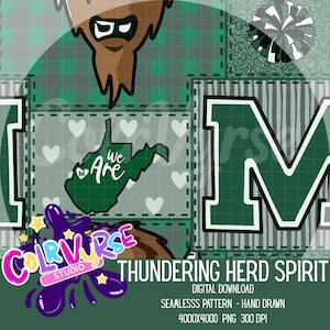 May include: Digital download graphic with a green and white color scheme. The design includes a cartoon character, the state of West Virginia with the words "We Are", and the text "THUNDERING HERD SPIRIT". The image also includes the text "COLORVRSE STUDIO".
