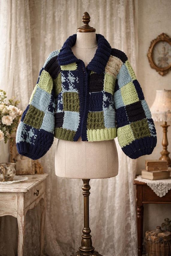 Handmade Wool Patchwork Cardigan Sweater – Chunky… - image 1