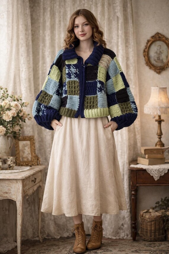 Handmade Wool Patchwork Cardigan Sweater – Chunky… - image 2