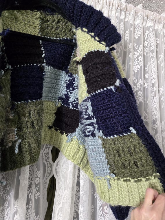 Handmade Wool Patchwork Cardigan Sweater – Chunky… - image 3