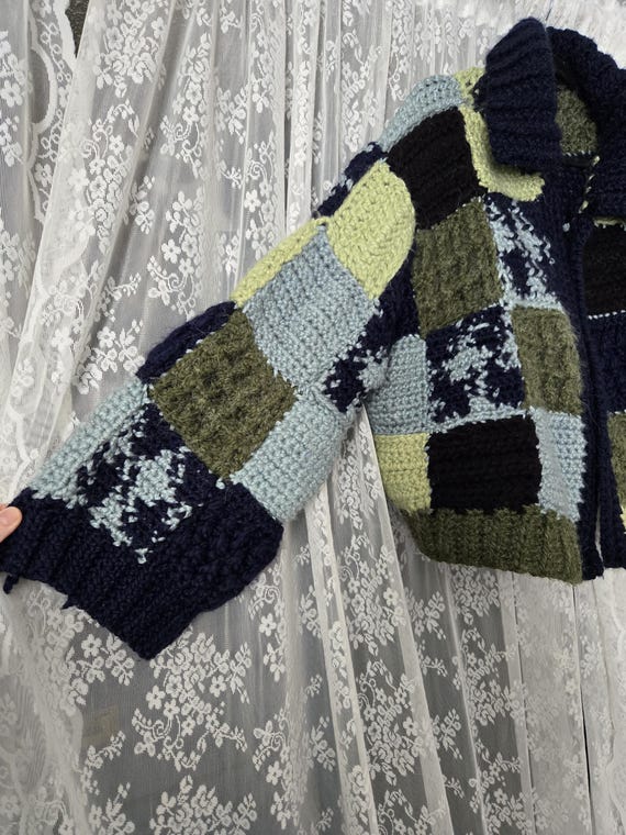Handmade Wool Patchwork Cardigan Sweater – Chunky… - image 8