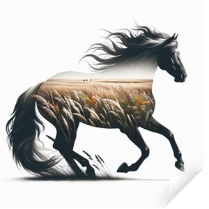 Könnte beinhalten: Schwarze Pferdesilhouette mit fließender Mähne und Schweif, überlagert mit einer Landschaft aus hohem Gras und einem entfernten Feld. Das Pferd ist in einer Laufpose, vor weißem Hintergrund.
