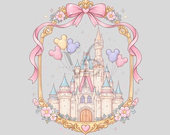 Magical Princess Castle Coquette PNG with Pink Bow | Pastel Kawaii Castle Clipart | Fairy Tale Princess PNG | Birthday, Nursery & Girls Trip