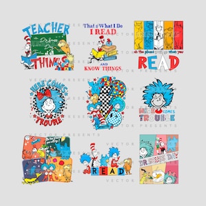 Dr Seuss PNG Bundle - Lesen Sie in die USA Tag, Lehrer SVG Clipart, Katze im Hut, Sache 1 & 2, Seuss Klassenzimmer Lese Shirt Sublimation