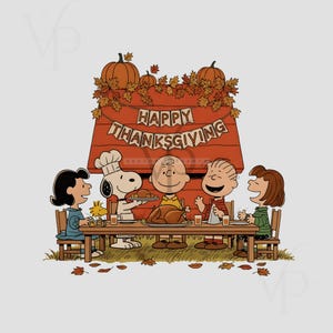 May include: A cartoon illustration of the Peanuts characters at a Thanksgiving feast. Snoopy, in a chef's hat, presents a turkey. The scene features a table with food, pumpkins, and a banner reading "Happy Thanksgiving."