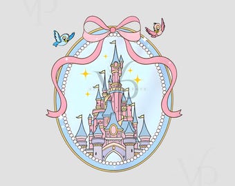 Magical Castle Coquette with Pink bow PNG, Magic Kingdom Sleeping Beauty Digital, Cartoon Pink Ribbon Png, Princess Png for Family Vacation