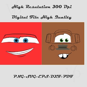 May include: Digital file featuring two cartoon car faces. One is red with blue eyes and a smiling mouth. The other is brown with green eyes and a toothy grin. Text at the top reads "High Resolution 300 Dpi" and "Digital File High Quality".