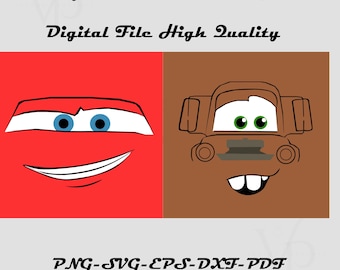 Pacchetto di clipart di facce di automobili in formato SVG, clipart di facce di automobili in formato PNG, clipart di cartoni animati di design per magliette di automobili, clipart di Saetta McQueen e Mater, file digitale