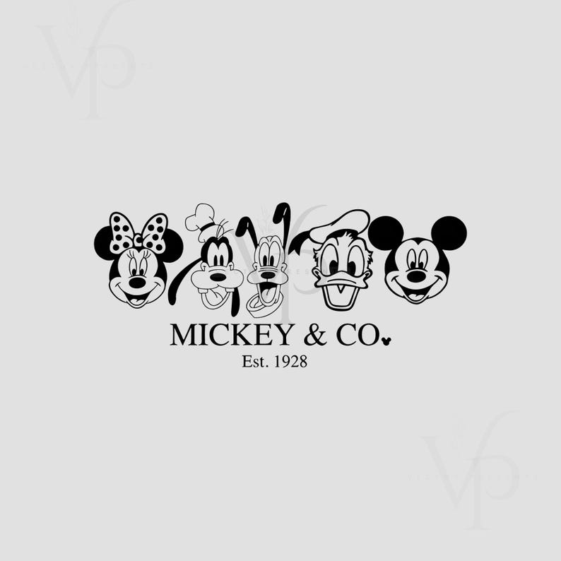 May include: Black and white illustration of Mickey Mouse, Minnie Mouse, Goofy, Pluto, and Donald Duck. The text "MICKEY & CO." and "Est. 1928" is below the characters.