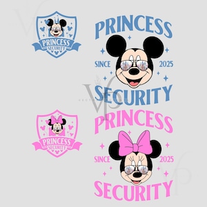 Puede incluir: Una colección de gráficos de dibujos animados con Mickey y Minnie Mouse con el texto "Princess Security". Mickey y Minnie llevan gafas de sol con un reflejo de castillo. Los gráficos son en azul y rosa.