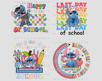 Puede incluir: Cuatro diseños coloridos con el personaje Stitch de Lilo & Stitch. Cada diseño incluye las frases "Happy Last Day of School" o "Last Day of School" con gráficos escolares como lápices, manzanas y libros. Sobre un fondo gris claro.