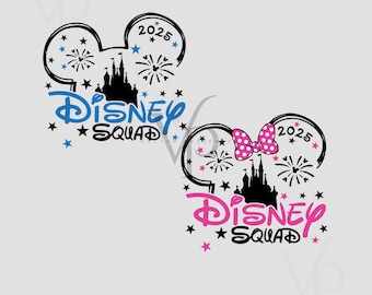 May include: Two Disney Squad designs featuring Mickey Mouse ears, a castle, fireworks, and stars. One design is blue, the other pink with a polka dot bow. Both include the year 2025.