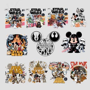 May include: A collection of Star Wars-themed graphic designs featuring various characters from the Star Wars and Disney universes. Designs include Mickey Mouse as Darth Vader, and other characters with the Star Wars logo.