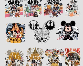Mais de 10 Pacotes Vintage de Star Wars da Disney PNG | Mickey Jedi PNG | Crossover de Desenhos Animados Retrô SVG | Clipart Engraçado de Personagens da Galáxia | Download Digital