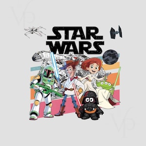 May include: A graphic featuring characters from Star Wars and Toy Story. The Star Wars logo is above the characters. Characters include Boba Fett, Woody, Jessie, Darth Vader, and others, with lightsabers and blasters.