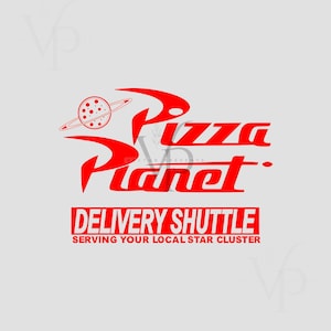 May include: Red "Pizza Planet" logo with a planet and ring graphic. Below, the text reads "Delivery Shuttle" and "Serving Your Local Star Cluster" in a bold, rectangular font. The design is on a light gray background.