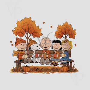 May include: A heartwarming illustration of the Peanuts gang sitting on a bench, enjoying warm drinks. The scene is set in autumn, with orange trees, falling leaves, pumpkins, and acorns. The characters are wearing cozy hats and sweaters, creating a sense of warmth and friendship.