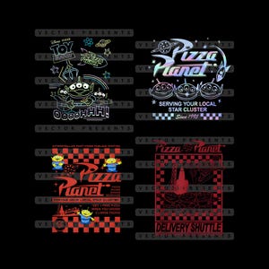 May include: Four designs featuring the Pizza Planet logo and alien characters from the Disney Pixar Toy Story franchise. The designs include the Pizza Planet logo, aliens, and text on a black background.