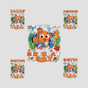 Puede incluir: Un conjunto de gráficos coloridos con temática de cumpleaños que presentan un pez payaso naranja, el número 3 y las palabras "Papá", "Mamá", "Hermano", "Hermana" y "Cumpleañero". El diseño incluye elementos acuáticos.