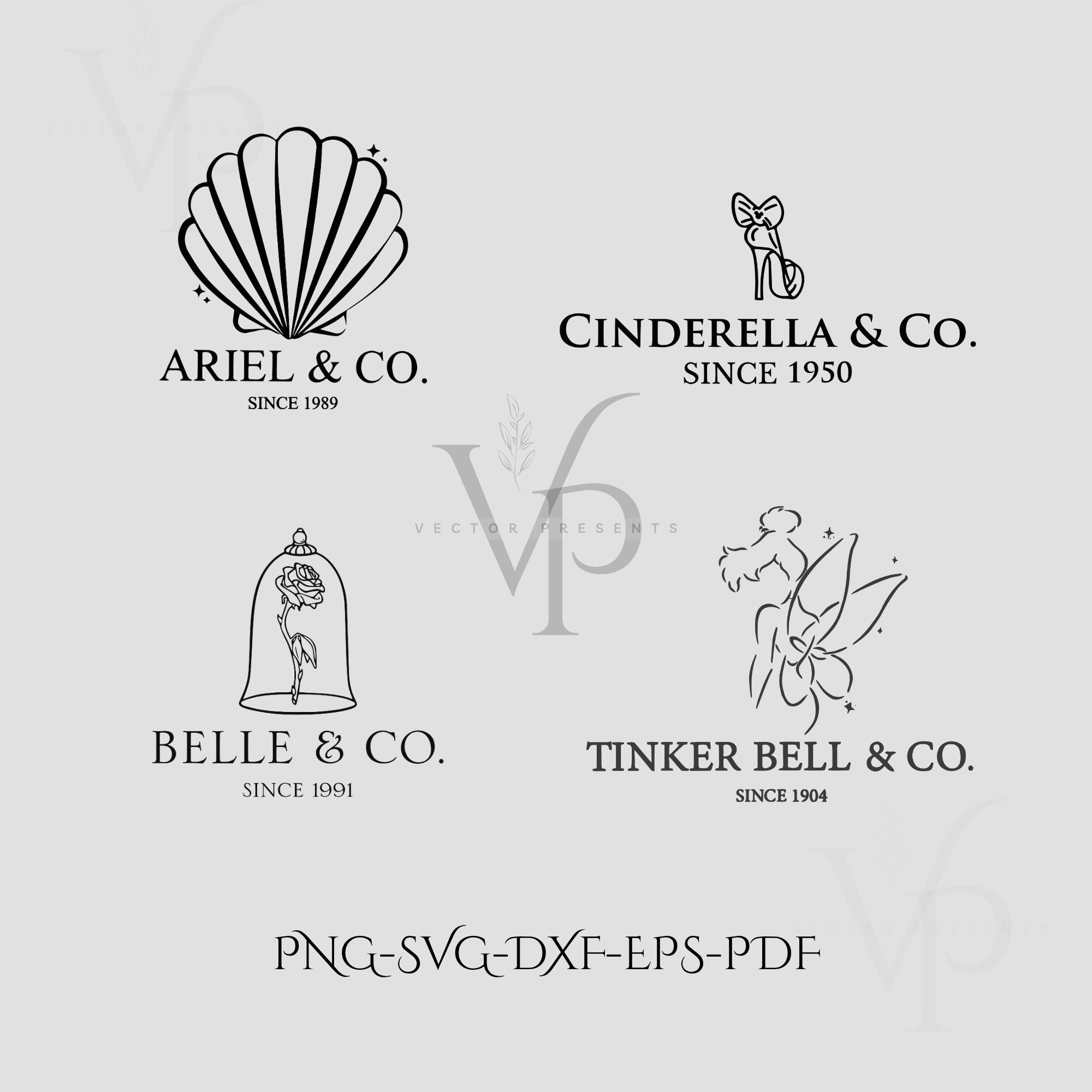 Princess & Co. Logo SVG PNG Bundle – Aesthetic Minimalist Disney Clipart, Vintage Belle Ariel Tinkerbell Cricut Files, Family Vocation SVG