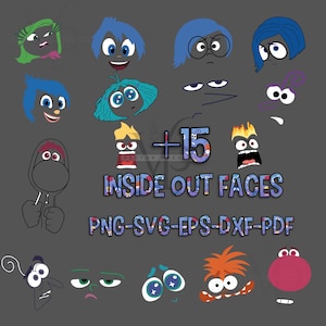 May include: A digital graphic featuring various cartoon faces from the movie "Inside Out." The faces are in different colors and expressions, with text that reads "INSIDE OUT FACES" and file type options.