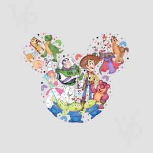 May include: A colorful illustration of characters from the Toy Story franchise, including Woody, Buzz Lightyear, Jessie, and the Aliens, arranged in the shape of Mickey Mouse's head.
