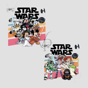 May include: Two designs featuring characters from Star Wars and Disney. The top design includes Mickey Mouse, Minnie Mouse, Donald Duck, Goofy, and others. The bottom design includes Boba Fett, Woody, and Darth Vader.