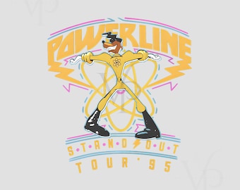 May include: A cartoon dog wearing a yellow and black superhero costume with the text "POWERLINE" above and "STAND OUT TOUR '95" below. The dog is standing in front of a yellow and blue atom symbol.