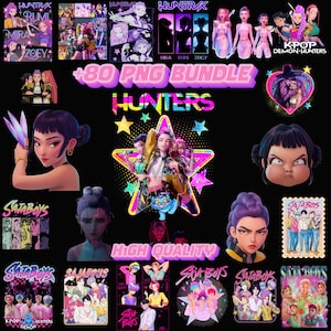 Puede incluir: Una colección de arte digital con personajes de estilo anime y texto. Las imágenes incluyen las palabras "HUNTRX", "SAJABOYS" y "KPOP DEMON HUNTERS". La obra de arte es vibrante con una variedad de colores y estilos, adecuada para los entusiastas del arte digital.