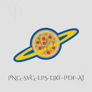 May include: A cartoon pizza with pepperoni and mushrooms, encircled by a blue and yellow ring, resembling a planet. The image includes the text "PNG-SVG-EPS-DXF-PDF-AI" at the bottom, set against a light gray background.