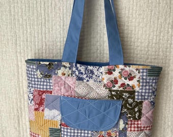 Codzienna torba typu tote z patchworku - ręcznie robiona pikowana torba w kolorze niebieskim, duża, wielokrotnego użytku torba na ramię z kieszeniami, nadaje się do prania w pralce.