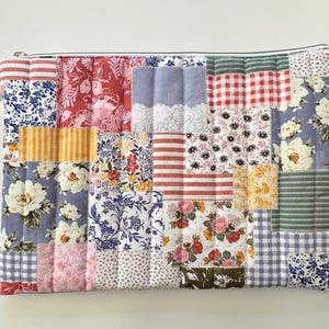 Blue Patchwork Quilted Laptop sleeve,  Handmade Floral Pouch, tablet case .
