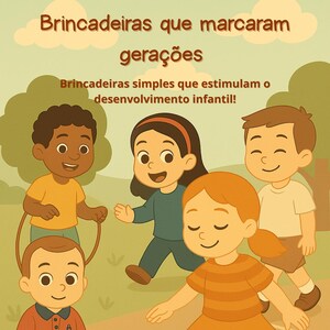 Könnte beinhalten: Illustration eines Kinderbuchcovers mit dem Titel "Brincadeiras que marcaram gerações". Das Bild zeigt fünf Kinder beim Spielen von Hüpfspielen und mit einem Springseil. Der Autor des Buches ist Stephanie Jarek. Das Buch ist für Kinder ab 3 Jahren geeignet.