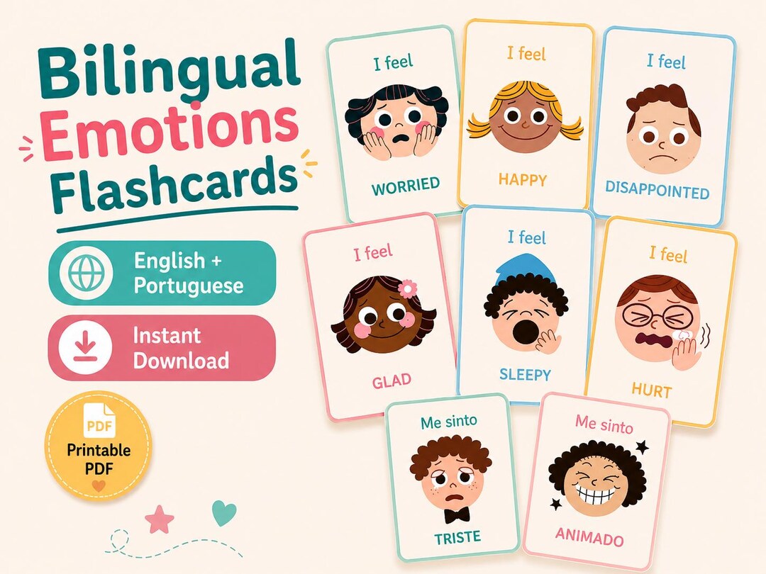 Bilingual Emotions Flashcards for Kids, Printable Feelings Cards, SEL ...