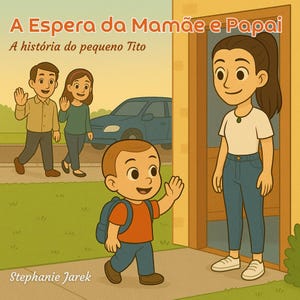 May include: Illustration of a children's book cover. The title reads "A Espera da Mamãe e Papai" and "A história do pequeno Tito". A young boy waves goodbye to his parents, who are walking away from a car. A woman stands in a doorway.