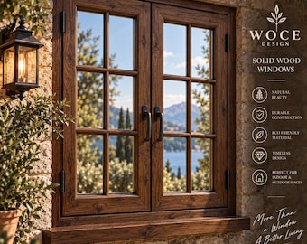 Ventana de madera maciza a medida, ventana de madera de doble hoja, ventana rústica de estilo granja, ventana de madera hecha por encargo, acabado en nogal oscuro.