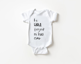 Multilingual Hello Baby Onesie, Gender Neutral Newborn Outfit, Multicultural Baby Gift