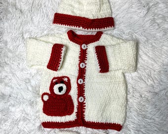 Conjunto de crochet de oso rojo para bebé / Conjunto de ropa para bebé de 0 a 3 meses tejido a mano / Conjunto infantil