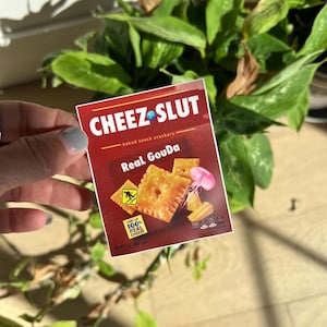 May include: A sticker for "CHEEZ-SLUT" baked snack crackers, with "Real Gouda" text. The sticker features images of square crackers, a cartoon skier, and a pink jellyfish. The background includes green leaves and a wooden surface.