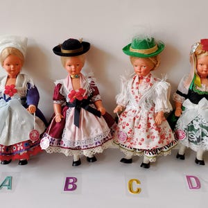 Vintage dolls brand Trachten-Puppen. Celluloid dolls 1950. Collectible dolls. Dolls with hand painted faces. Beautiful vintage gift.