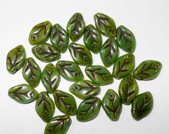 25  Czech Pressed Glass Leaves Beads