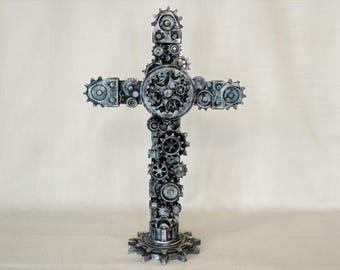 Refined by Steel – Industrial Gear Cross in Brushed Silver Finish | Christian Decor for Men & Modern Spaces