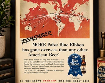 1945 Pabst Blue Ribbon Original Magazine Ad | Vintage PBR Beer Advertisement | Breweriana Bar Decor | WWII Era Beer Ad | Great Gift for Men
