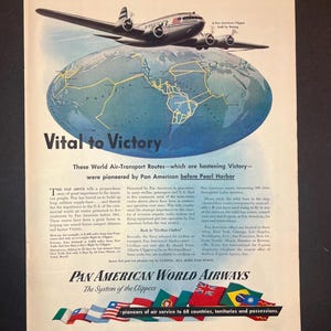 Pan American World Airlines Vital to Victory | 1944 Aviation Print Ad | Airlines | Colorful Aviation Wall Art & Decor | Original