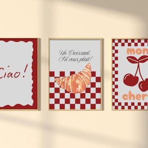 French Cafe Wall Art Set of 3–Croissant&Coffee Prints, Romantic Paris Kitchen Decor, Mon Chéri Printable Posters,Cozy Coffee Bar Aesthetic,