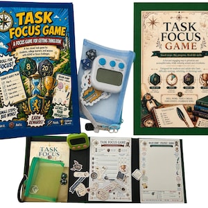 May include: A Task Focus Game set including two game boxes with blue and green covers, a digital timer, a mesh pouch with dice, and an open game board featuring task lists, stickers, and a small green timer for organizing daily activities.