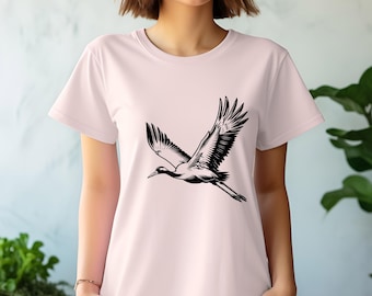 Crane Bird Flying Shirt, Elegant Wildlife Tshirt, Flying Bird Line Art Tee