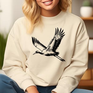 Crane Bird Flying Sweatshirt, Elegant Wildlife Hoodie, Flying Bird Line Art, Nature Lover Gift, Aesthetic Bird Lover, Japanese Style Crane