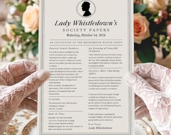 Modelo editável em Canva para convites da Lady Whistledown Paper, Bridgerton Watch Party, Lady Whistledown Society Papers, convite para chá da tarde no estilo Regência.